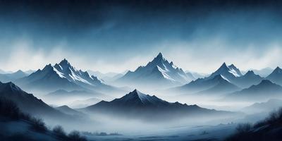 The primary subject of the image is a mountain range with a cloudy sky in the background. The setting is a foggy, mountainous landscape, and the visual style is a painting or drawing. The colors and mood of the image are predominantly dark and moody, with the mountains and clouds creating a dramatic and atmospheric scene.